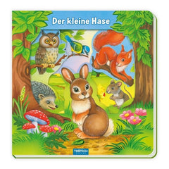 TROTSCH Little Rabbit Window Book cover features a vibrant forest scene with a rabbit, hedgehog, squirrel, and a blue bird.