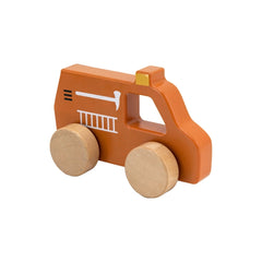 TRYCO Wooden Game Fire Brigade features an orange car body, brown wooden wheels, and white door handles and windows.