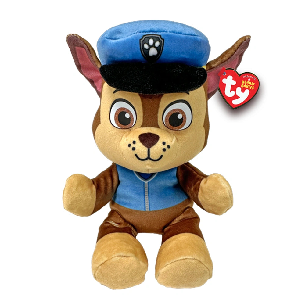 TY - Beanie Babies Chase from PAW Patrol 20 cm, plush toy dog with blue uniform cap and heart-shaped tag, on white background