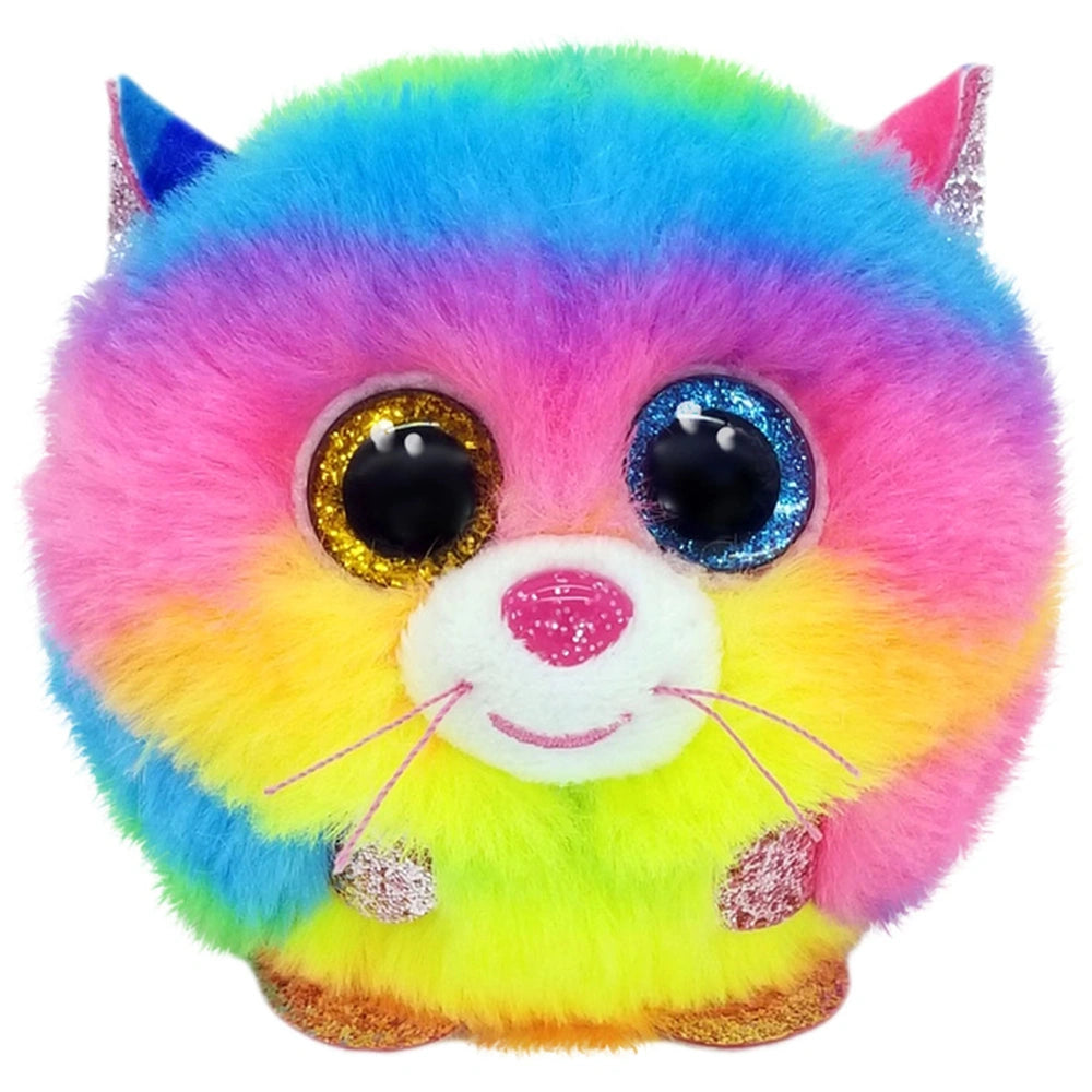 Multicolored plush toy cat with a fluffy texture, large glittery eyes, and a smiling expression.