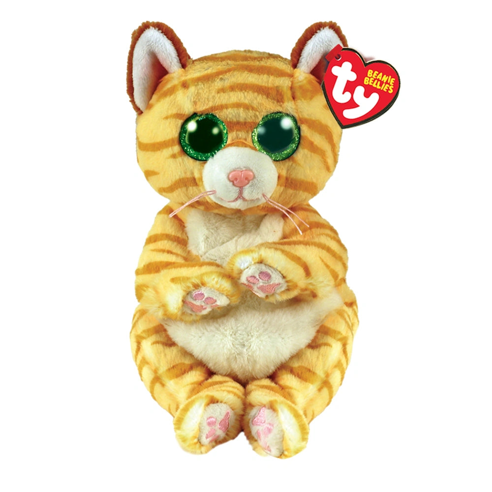 Mango the gold striped cat plush toy features yellow and white fur with orange stripes and shiny green eyes, sitting upright.