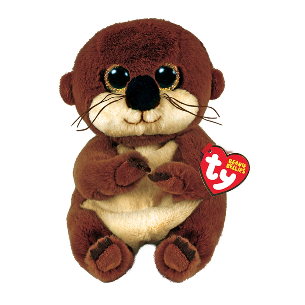 Brown plush beaver toy with a soft texture, smiling expression, and a red heart-shaped tag against a white background.
