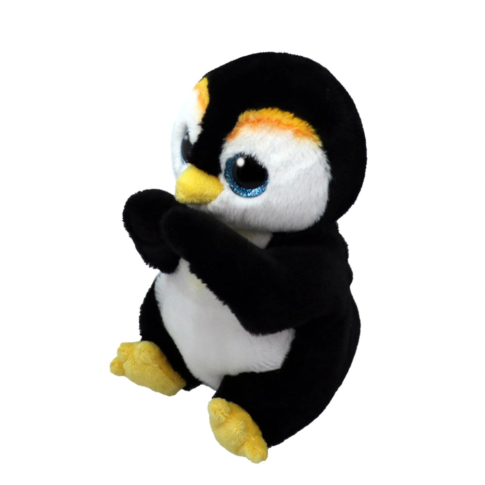 Black and white penguin plush toy with blue eyes and yellow beak, sitting with arms crossed against a white background.