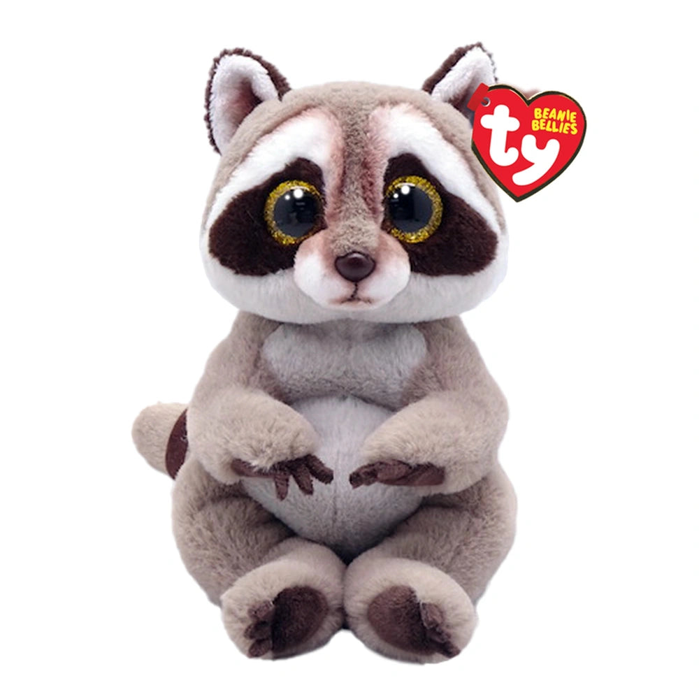 TY Beanie Bellies Petey is a plush grey raccoon with brown and white accents, featuring a heart-shaped tag on its ear.