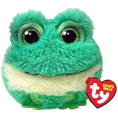 TY Beanie Bellies Puffies Gilly Green Frog plush toy features a smiling face, vibrant green color, and a heart-shaped tag.
