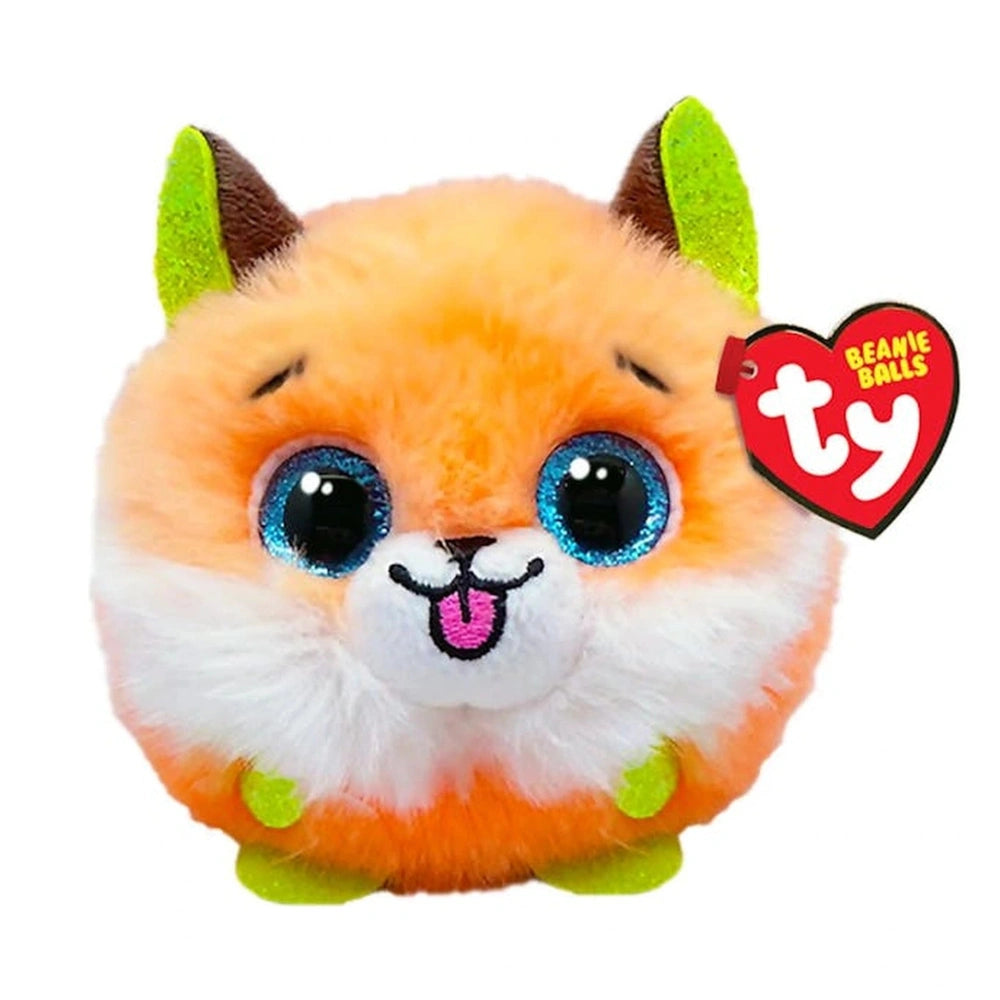Plush orange fox toy with large eyes, smiling mouth, and vibrant accents, featuring a heart logo that reads "BEANIE BALLS."