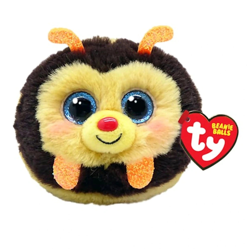 Beanie Bellies Puffies Zinger Bee plush toy features a smiling face, fuzzy texture, and vibrant colors including brown, yello