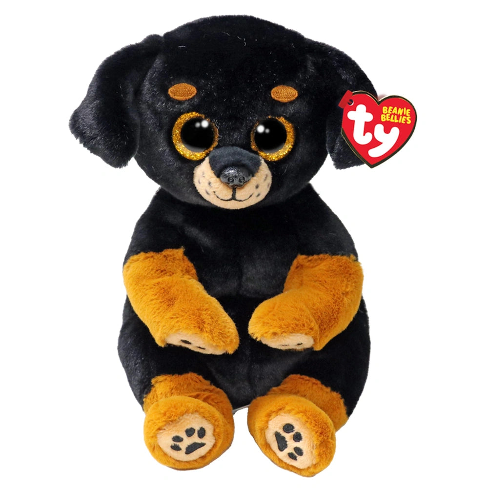 Stuffed toy black Rottweiler with yellow accents, large eyes, and TY Beanie Babies logo on its ear against a light background