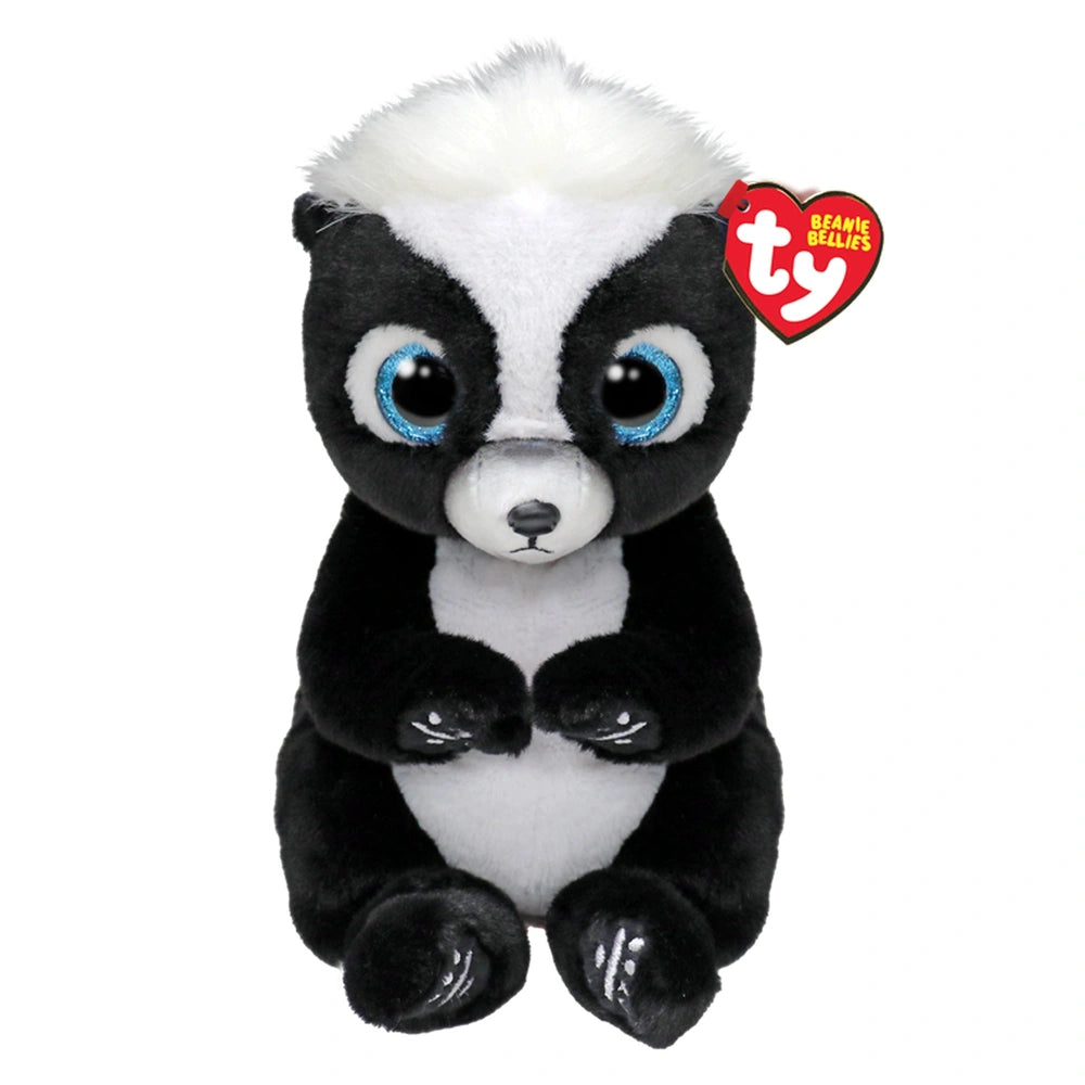 TY - Beanie Bellies Rukus plush black and white skunk with blue eyes, sitting upright against a plain white background.