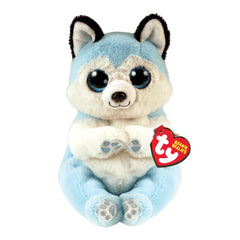 Blue and white plush husky toy with a smiling face, sitting upright with arms crossed and a heart-shaped TY tag.