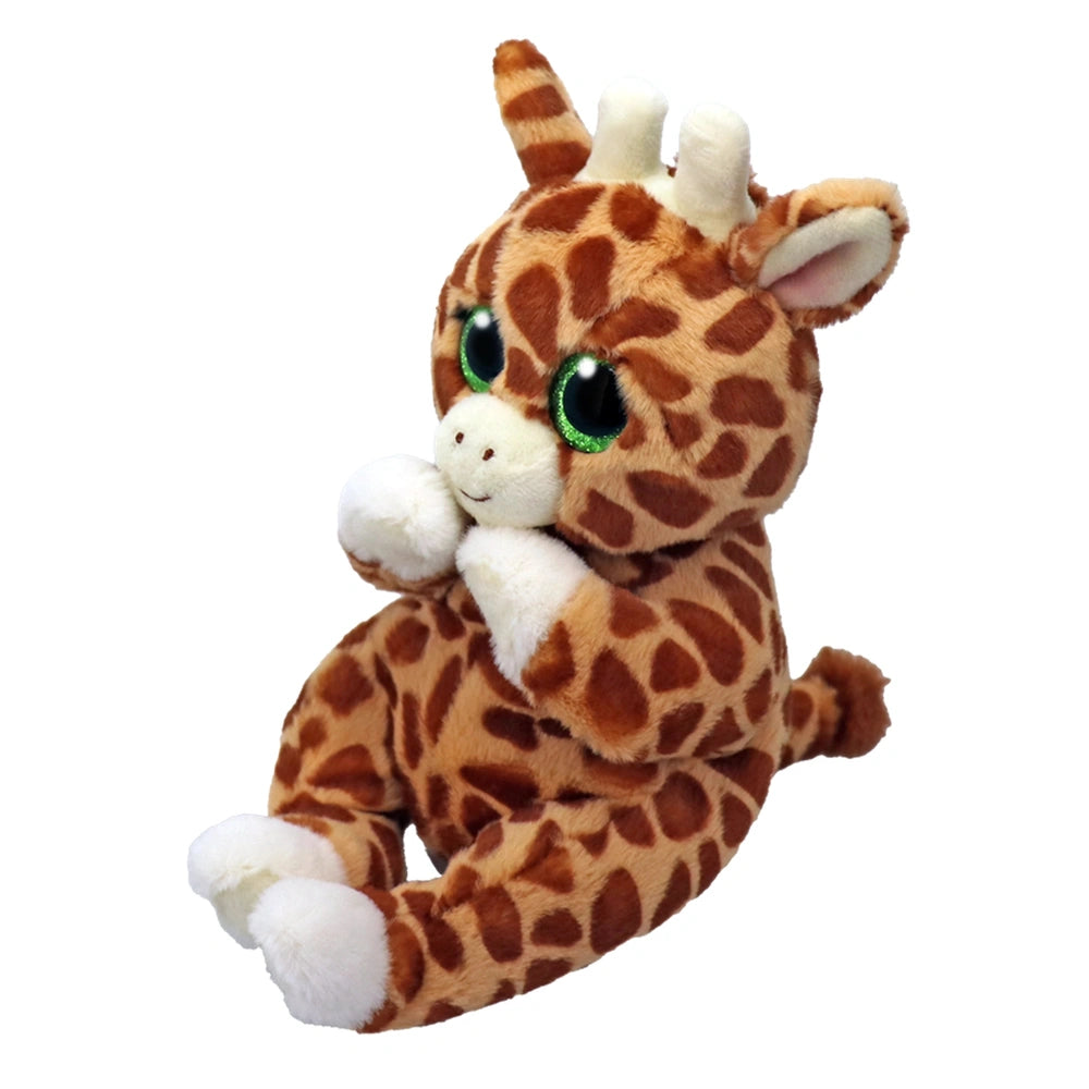 Plush giraffe toy with a friendly expression, large green eyes, and a soft, textured surface in brown and white colors.