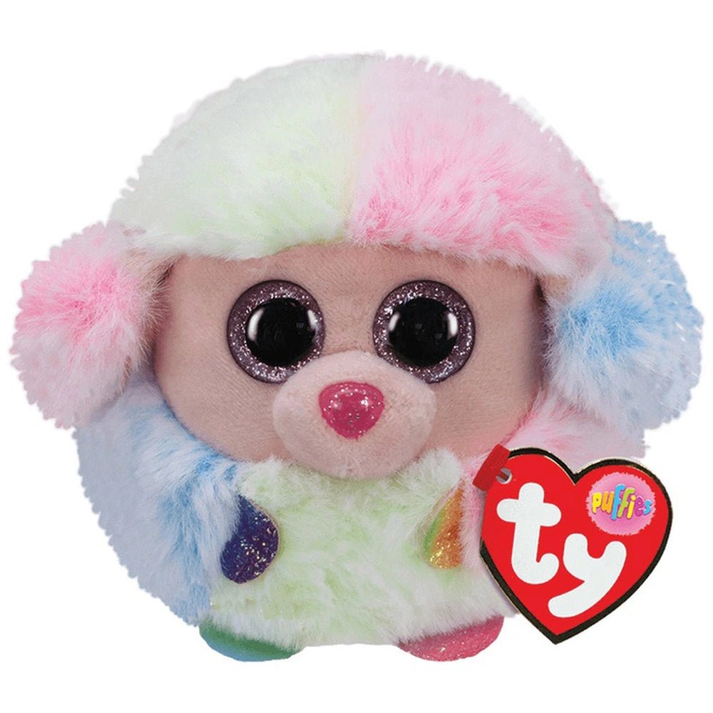 TY Beanie Bellies Typuf Poodle features a soft, colorful design with a heart tag, large eye, and whimsical rainbow appearance