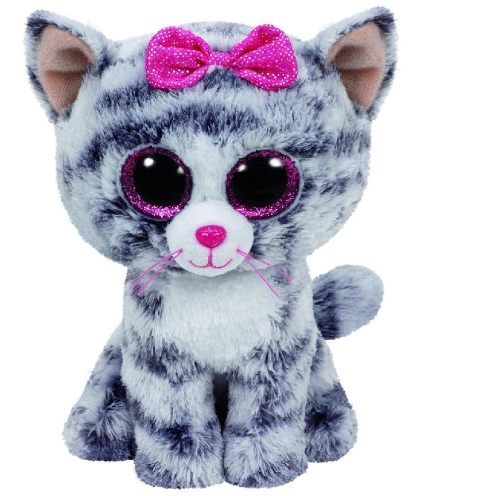TY Beanie Boos Kiki is a plush grey striped cat with large sparkling eyes and a pink bow, standing 15 cm tall.