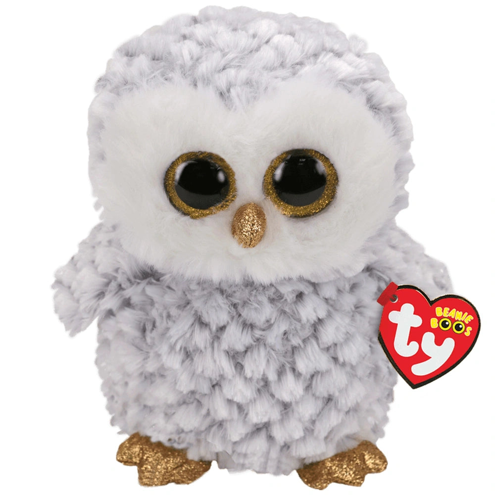 TY - Beanie Boos Owlette plush toy, a medium white and grey owl with large black eyes and a fluffy texture.