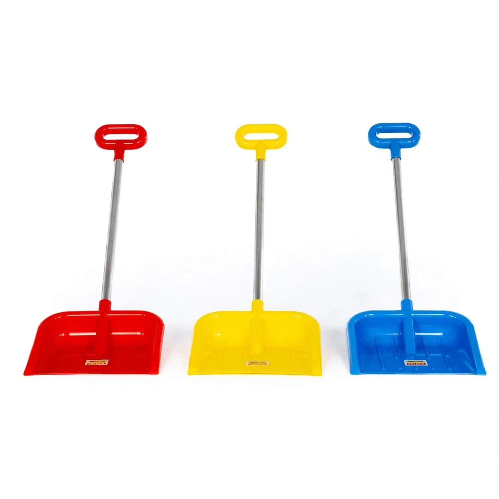 WADER allround shovel set features red, yellow, and blue plastic shovels with metal handles, displayed side by side.