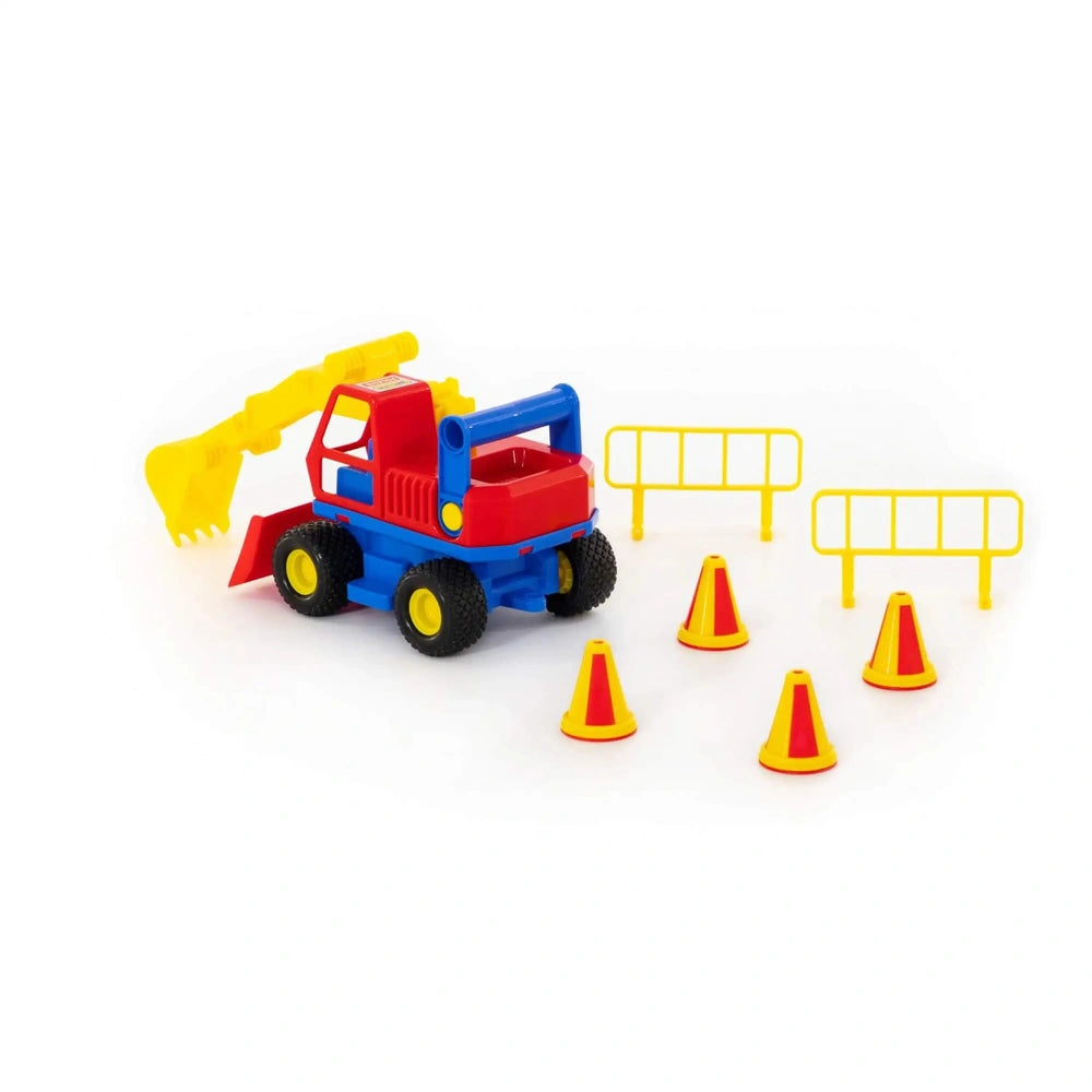 WADER ConsTruck Excavator toy in blue with yellow accents and red bucket, alongside red and yellow traffic cones on a smooth 