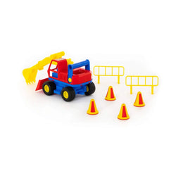 WADER ConsTruck Excavator toy in blue with yellow accents and red bucket, alongside red and yellow traffic cones on a smooth 