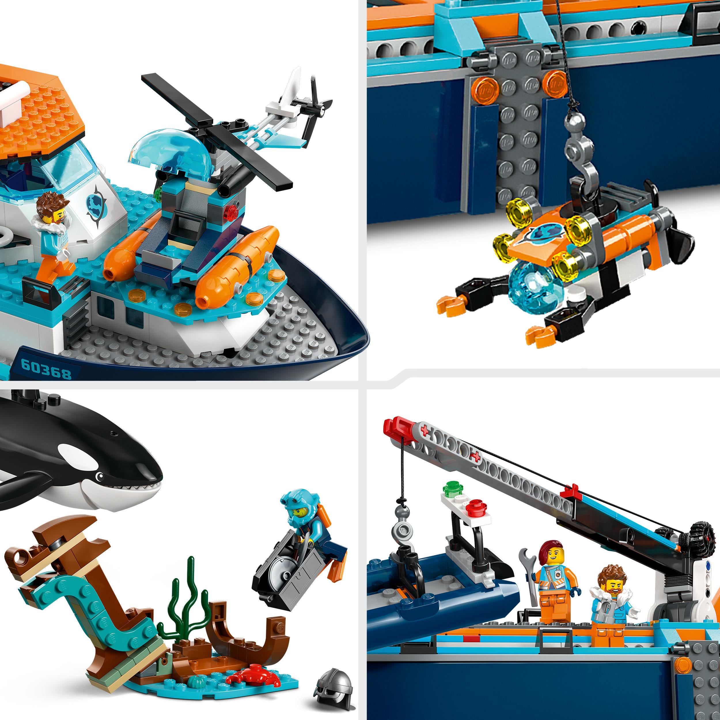 LEGO 60368 City Arctic Explorer Ship, Large Toy Boat that Floats with a Helicopter, Dinghy, Sub, Viking Shipwreck, 7 Minifigures and an Orca Figure, Gift for 7+ Year Old Kids, Boys, Girls
