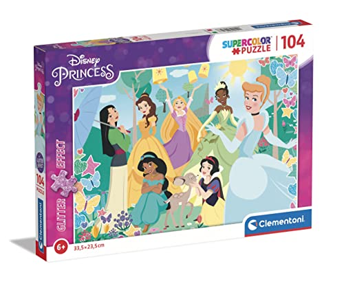 Clementoni 20346 disney princess glitter princess-104 pieces-made in italy, 6 years old children’s, cartoon, supercolor puzzle, multicolour, medium