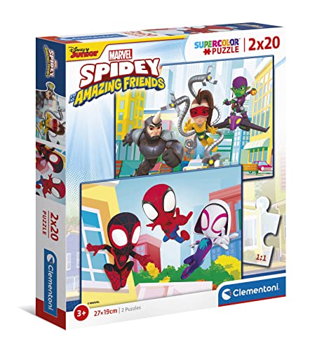 Clementoni 24794 supercolor spidey and his amazing friends-2x20 (includes 2 20 pieces) -made in italy-kids 3 years, spiderman, cartoon puzzles, multicolour, medium