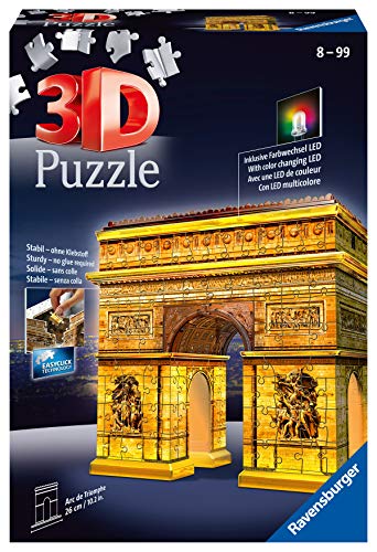 Ravensburger arc de triomphe 3d jigsaw puzzle for adults and kids age 8 years up - night edition with led lighting - 216 pieces - paris, france