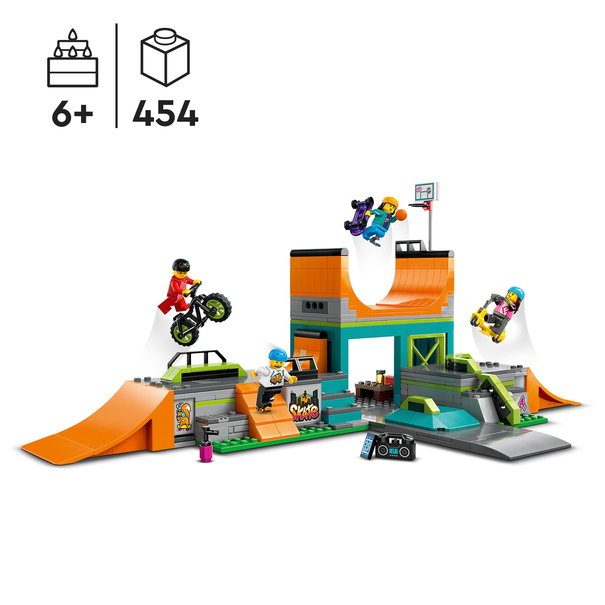 LEGO 60364 City Street Skate Park Set, Toy For Kids Aged 6 Plus Years Old with BMX Bike, Skateboard, Scooter, In-Line Skates and 4 Skater Minifigures to Perform Stunts, 2023 Set