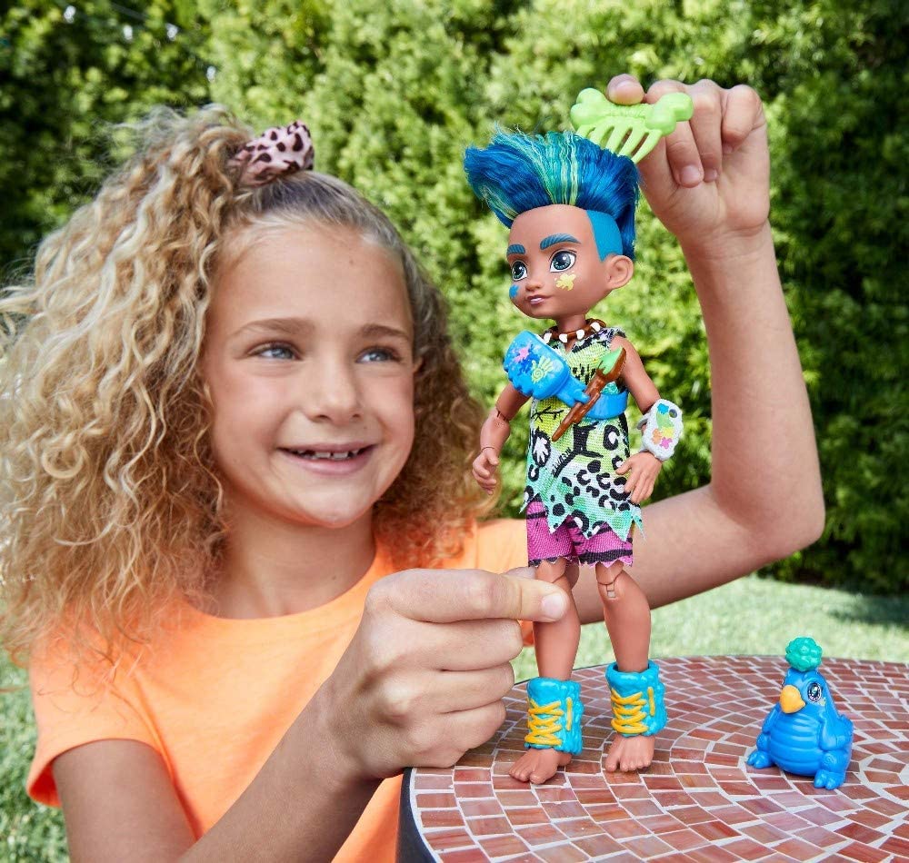 Mattel Cave Club Slate Doll (10-inch, Blue Hair) Poseable Prehistoric Fashion Doll with Dinosaur Pet and Accessories - Mod: GNL87