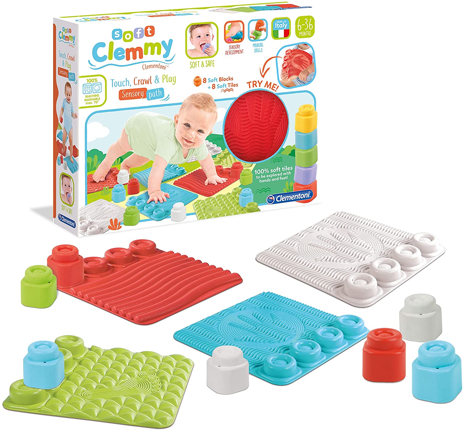 CLEMENTONI - Clemmy Baby - Touch, Crawl & Play - 8 Blocks + 8 Soft Tiles