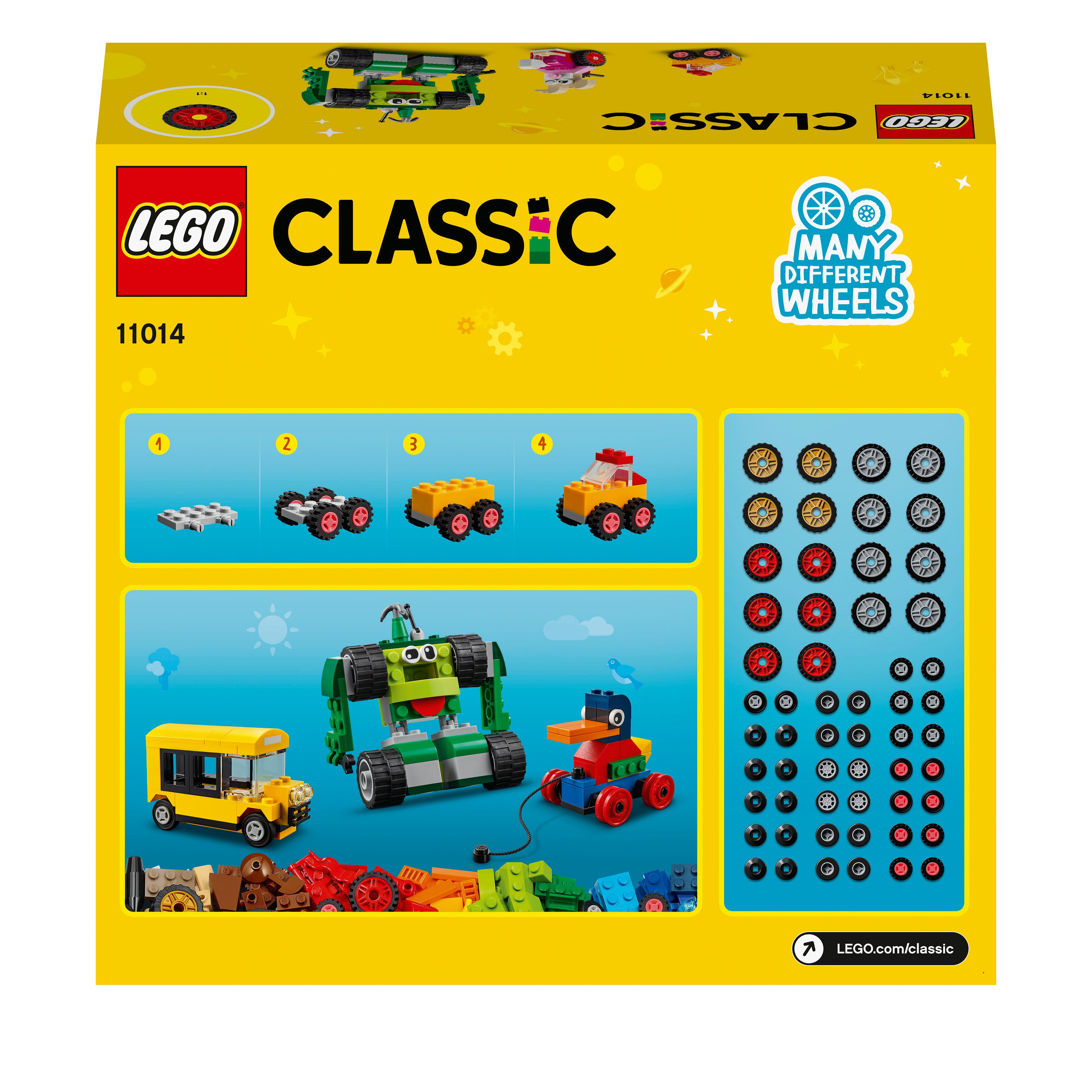 LEGO 11014 Classic Bricks and Wheels Starter Building Set for Kids 4 Years Old, with Toy Car, Train, Bus, Robot and More