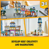 LEGO 31141 Creator 3in1 Main Street to Art Deco Skyscraper or Market Street Building Set, Building Toy with Model Hotel, Café, Apartments and Shops, Creative Construction Model Kit