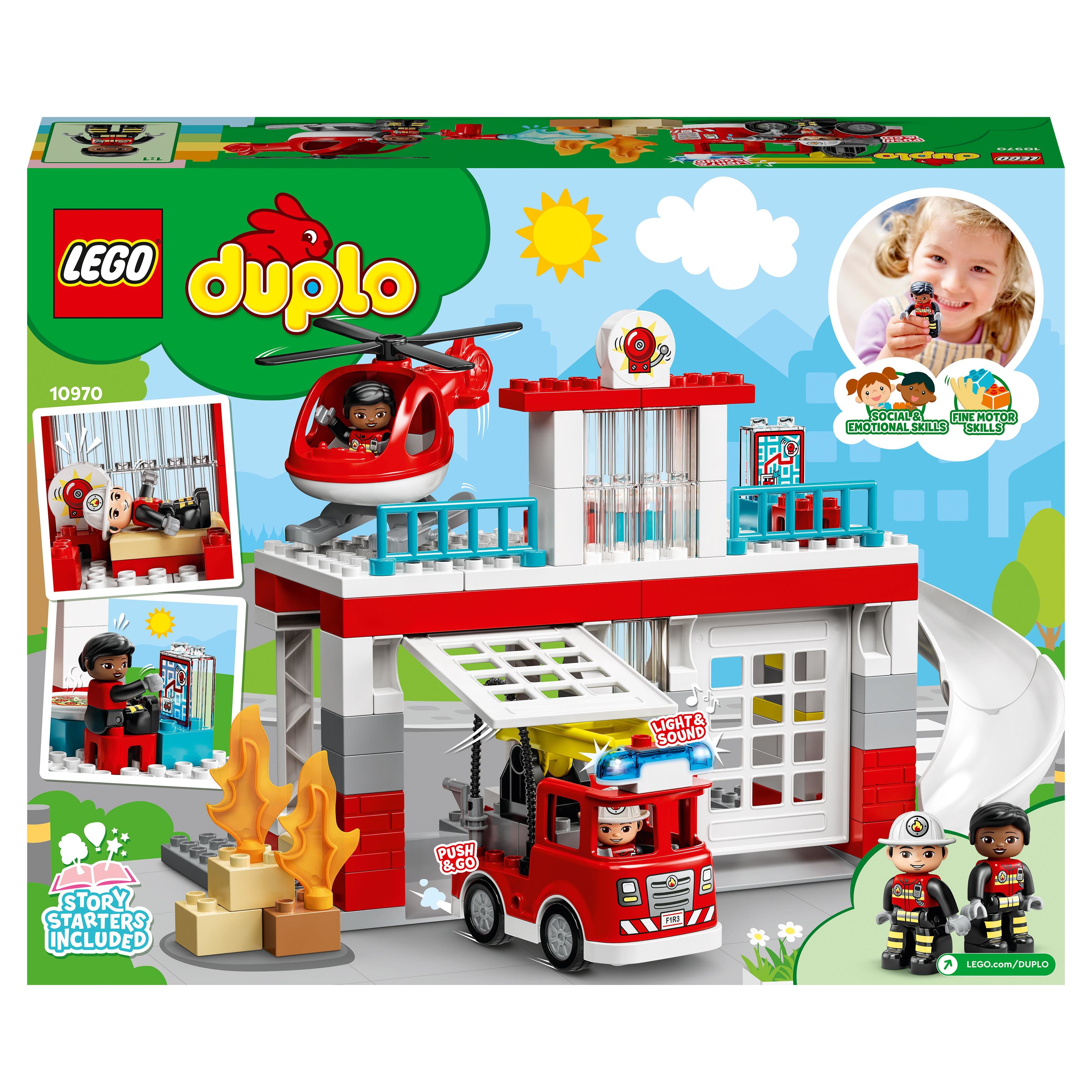 LEGO 10970 DUPLO Fire Station & Helicopter Playset, with Push & Go Truck Toy for Toddlers 2 Plus Years Old, Large Bricks Educational Learning Toys