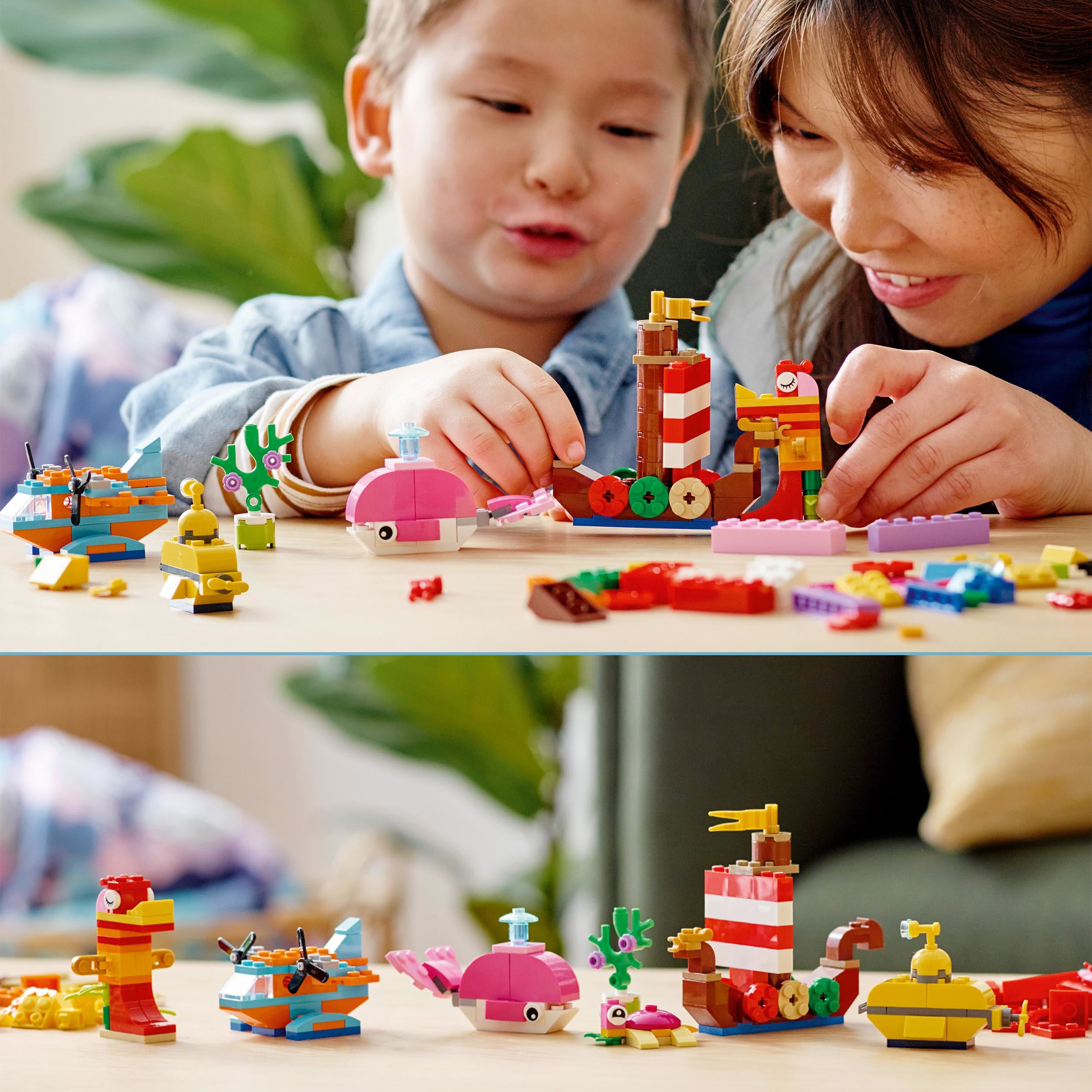 LEGO 11018 Classic Creative Ocean Fun Bricks Box, 6 Mini Builds Set of Ship, Submarine, Seahorse and Turtle Figures, Building Toys for Kids