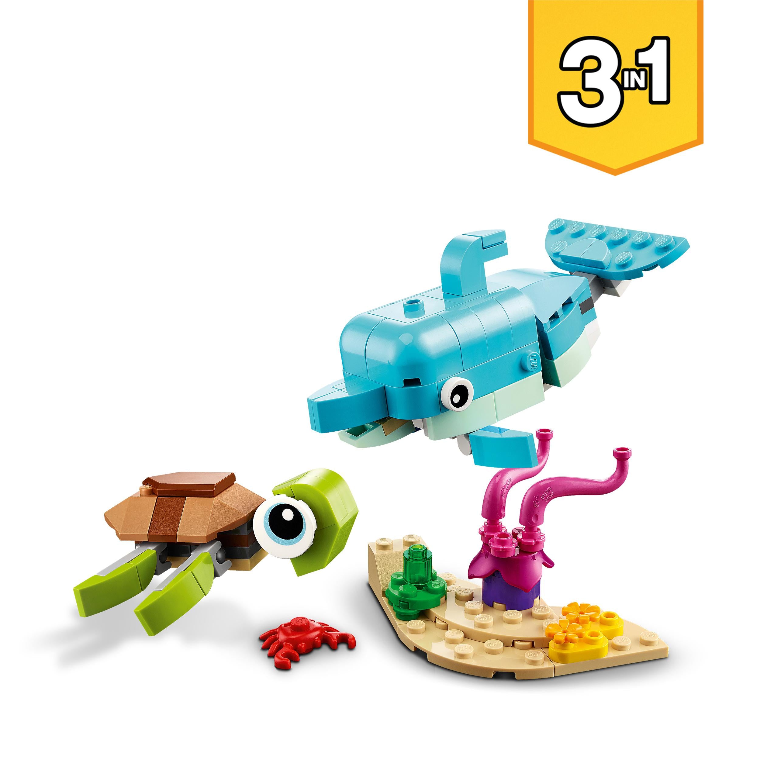 LEGO 31128 Creator 3in1 Dolphin and Turtle to Seahorse Toy Figures Building Set, Sea Animal Toys for Kids 6 Plus Years Old