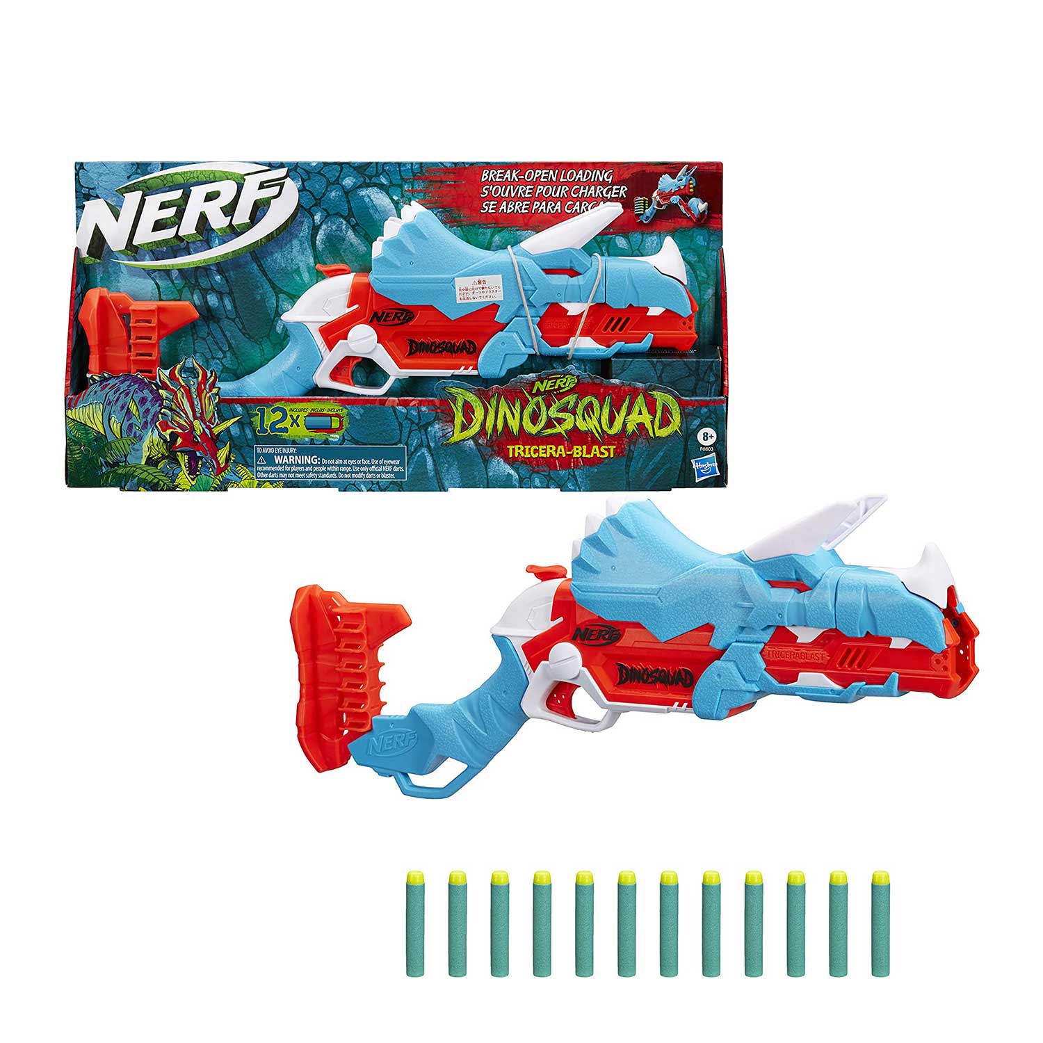 NERF DinoSquad Tricera-blast Blaster, Break-Open 3-Dart Loading, 12 Nerf Darts, Dart Storage, Triceratops Dinosaur Design - Mod: HSBF0803EU4