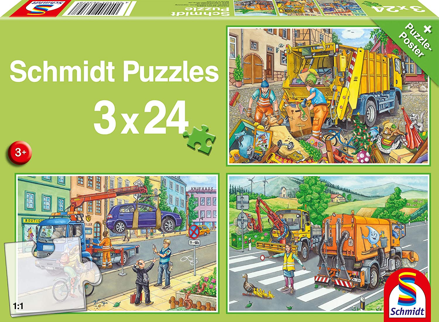 Schmidt Spiele 56357 Rubbish Truck, Tow car and Sweeper, Children's Puzzle 3 x 24 Pieces, Colourful