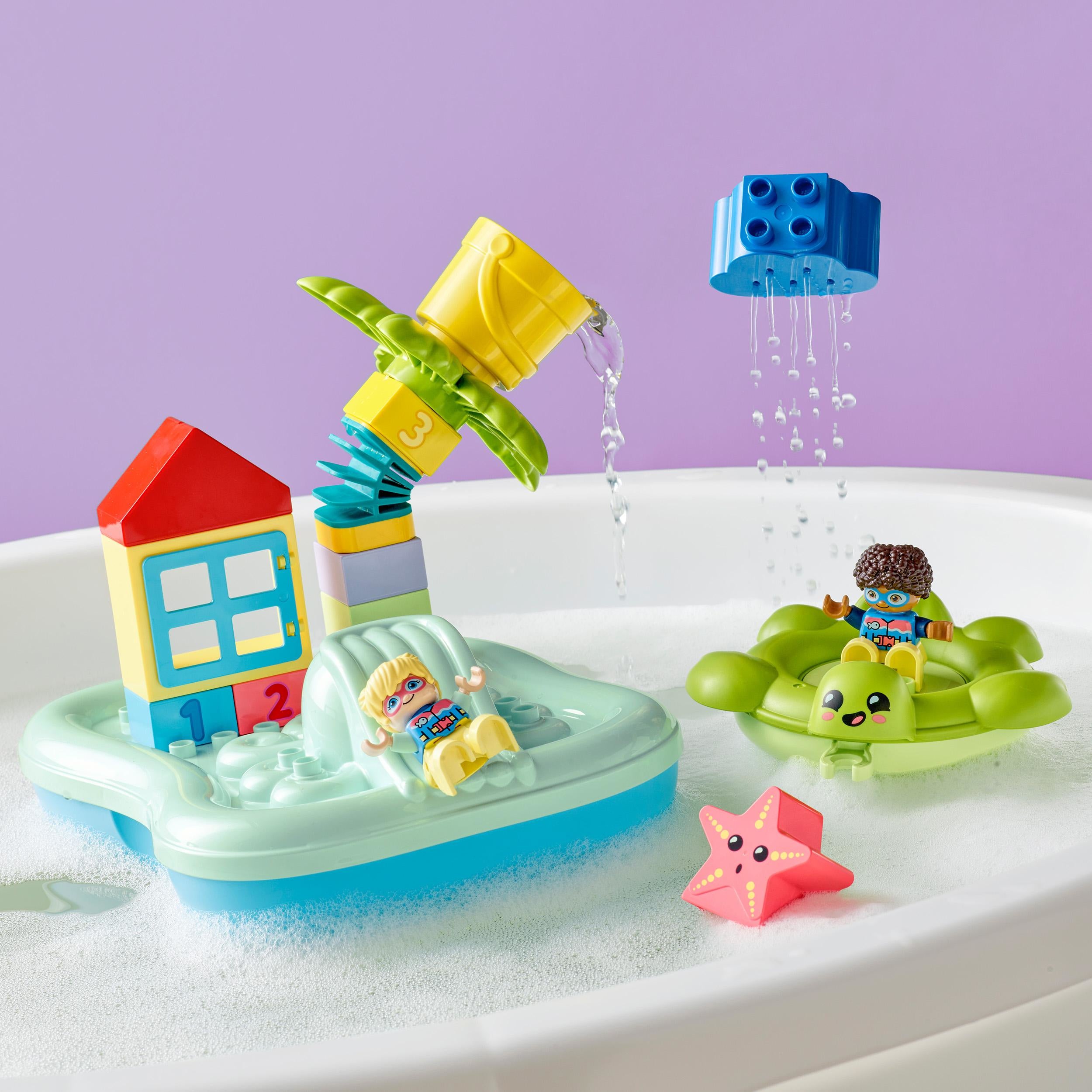 LEGO 10989 DUPLO Water Park Bath Toy for Toddlers Aged 2+ Years Old, with Floating Island, Turtle and Star Fish Sea Animal Figures, Easy to Clean Bathtub Water Toys