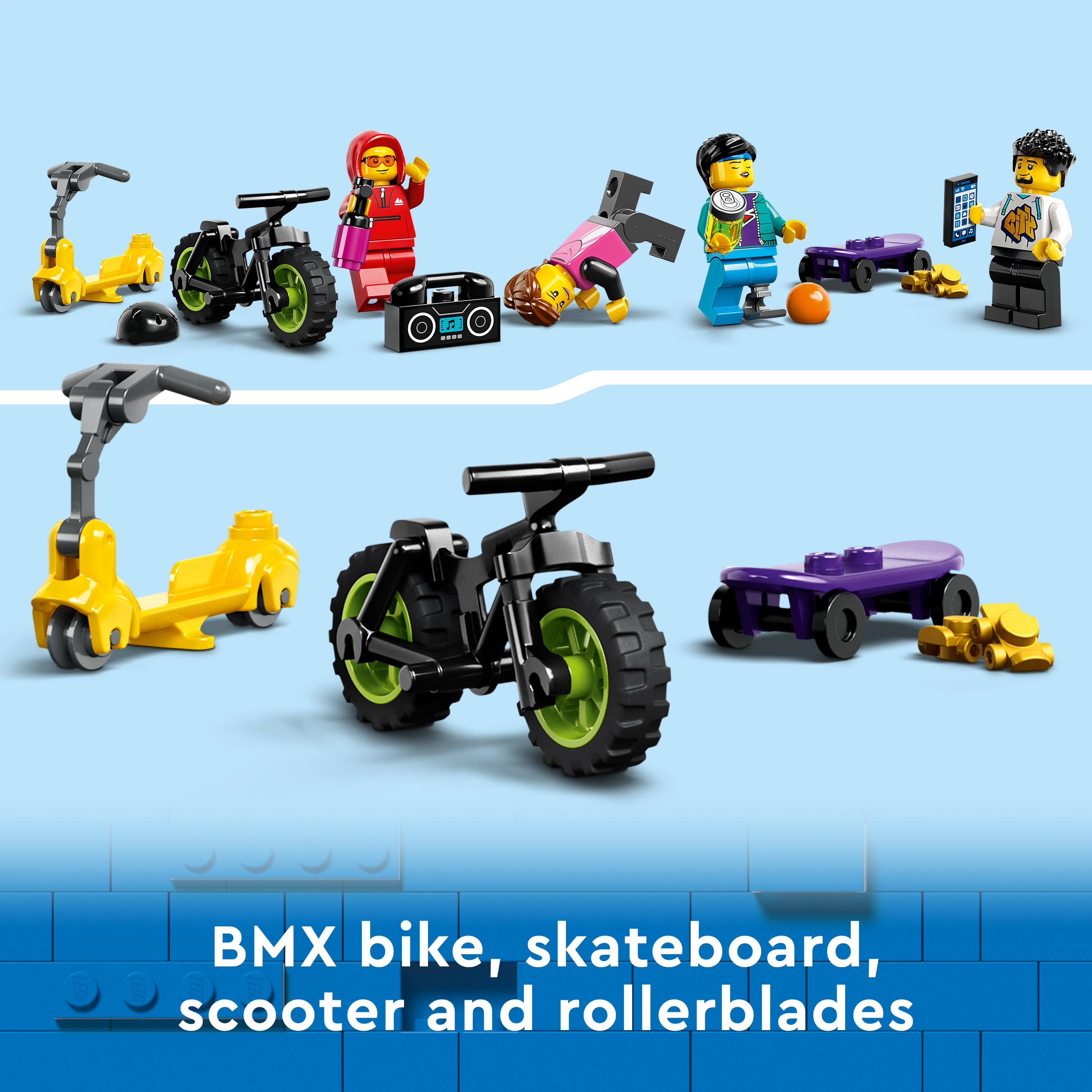 LEGO 60364 City Street Skate Park Set, Toy For Kids Aged 6 Plus Years Old with BMX Bike, Skateboard, Scooter, In-Line Skates and 4 Skater Minifigures to Perform Stunts, 2023 Set