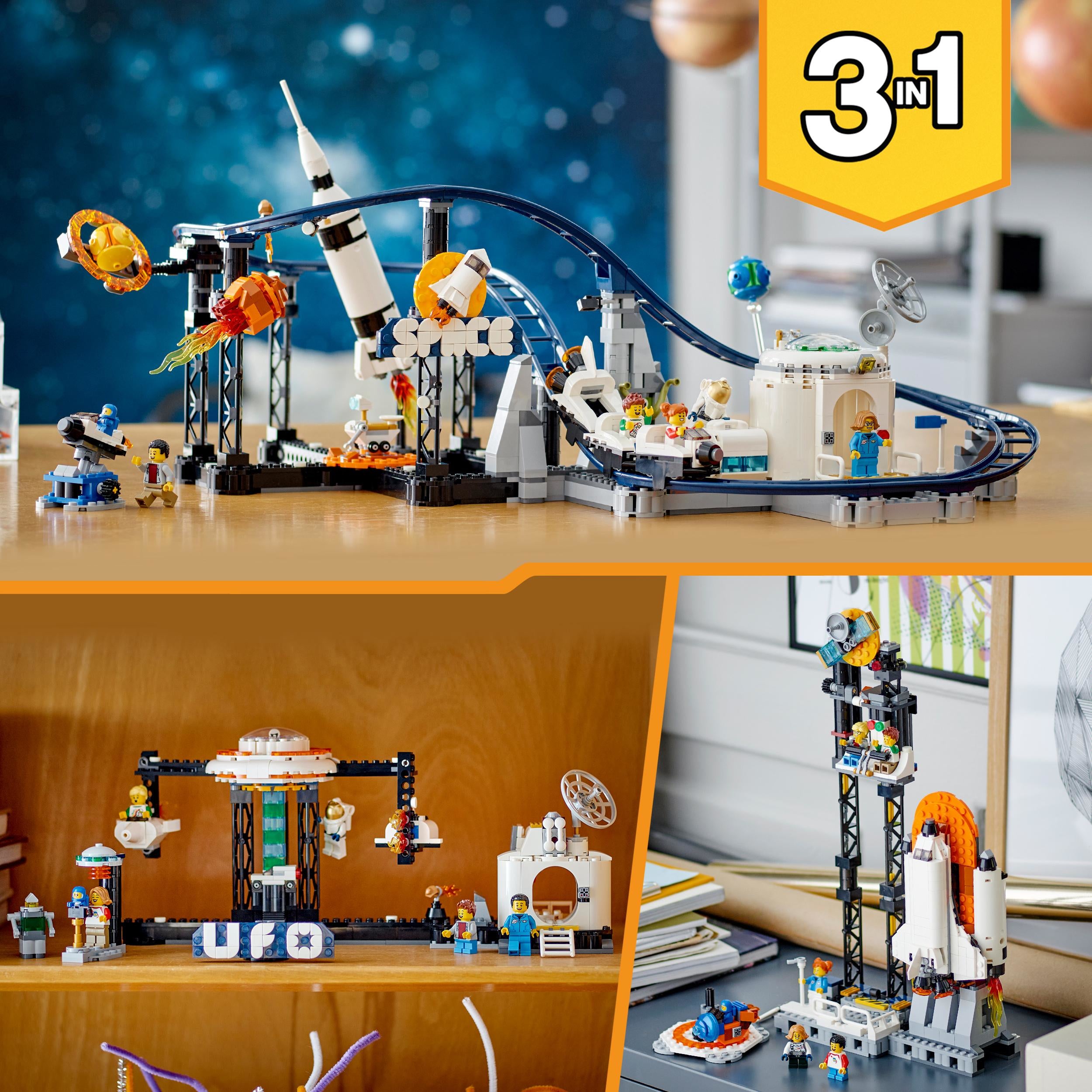 LEGO 31142 Creator 3in1 Space Roller Coaster to Drop Tower or Merry-Go-Round Set, Fairgound Ride Models, Building Toy with Space Rocket, Planets and Light Up Bricks