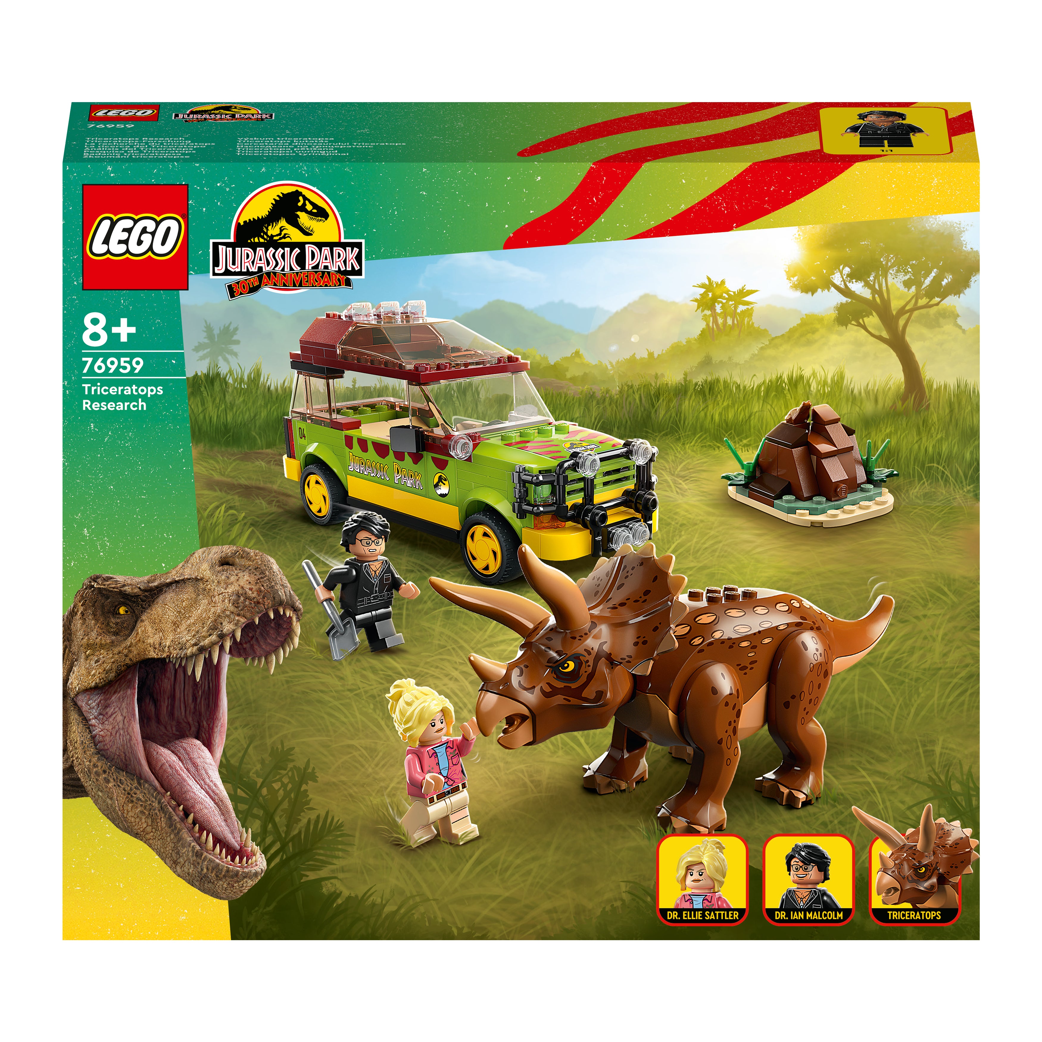 LEGO 76959 Jurassic Park Triceratops Research Dinosaur Toy Set with Ford Explorer Car and Dino Figure, 30th Anniversary Collection, for Boys, Girls, Kids 8 Years Old and up